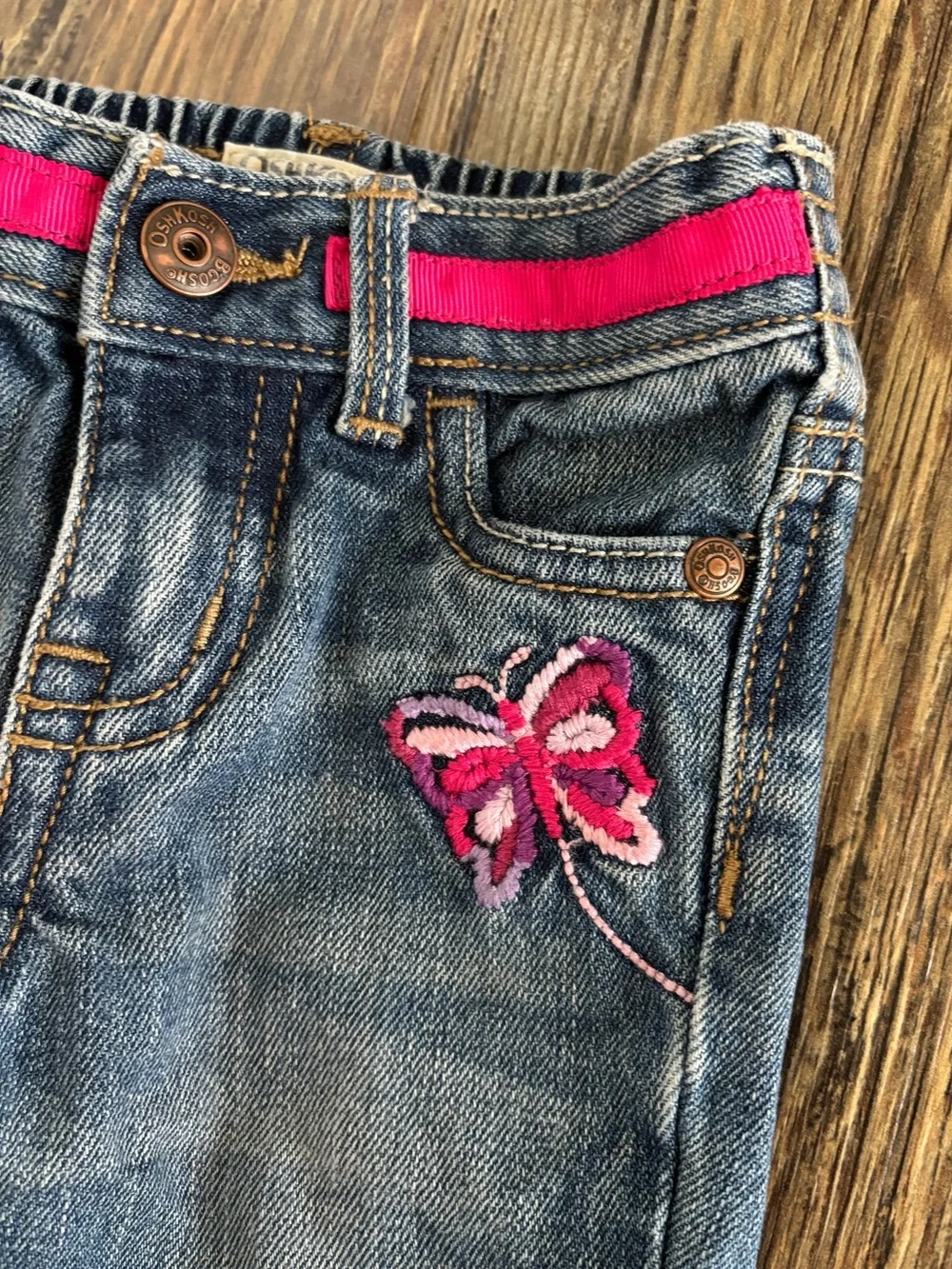 OshKosh B’gosh Blue Denim Jeans 6 Months Pink Ribbon Waist Embroidered Butterfly